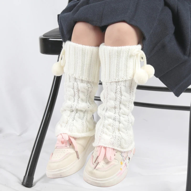 Cable Knit Leg Warmers with Decorative Bow and Pom Details