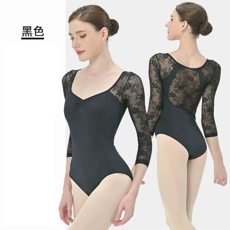 Women's Lace Sleeve Ballet Leotard with V Neckline and Back Opening
