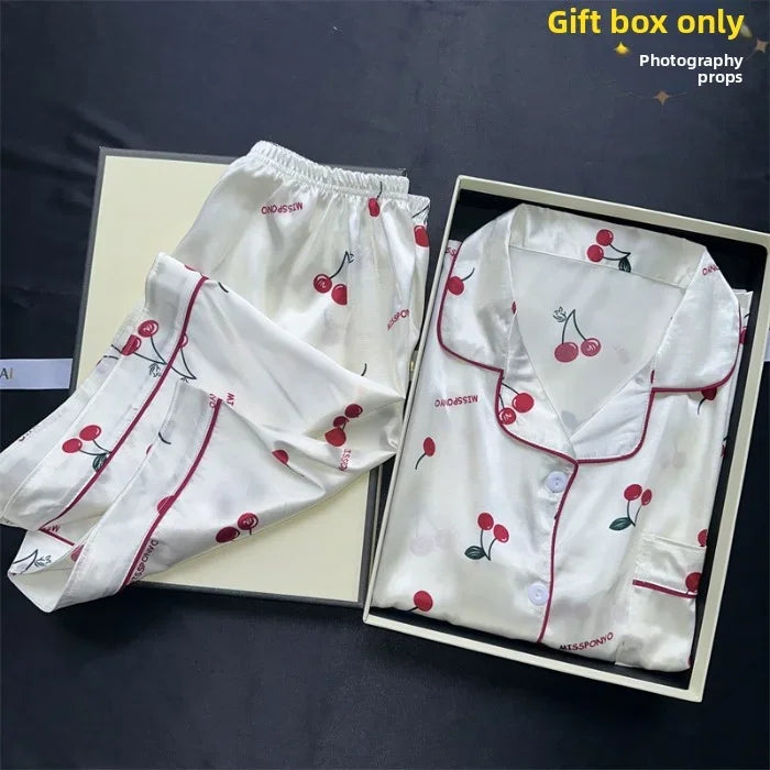 Women's Cherry Print Button Front Pajama Set with Top and Shorts