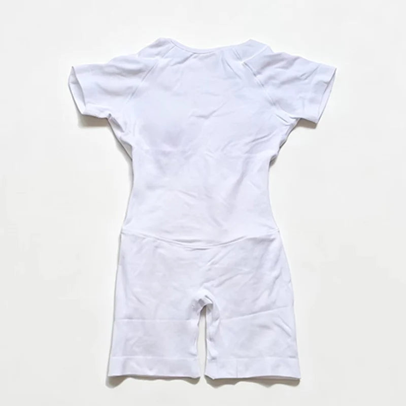 Women's Short Sleeve Nylon Workout Romper with Open Back and Fitted Shorts