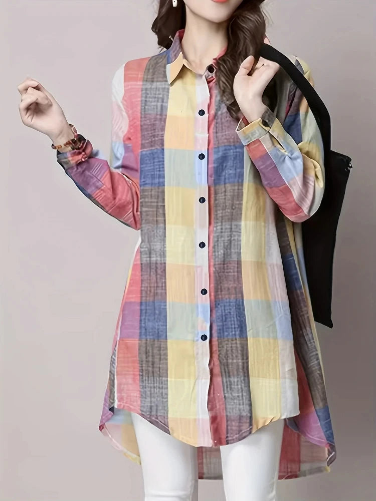 Women's Loose Checked Long Sleeve Collared Shirt