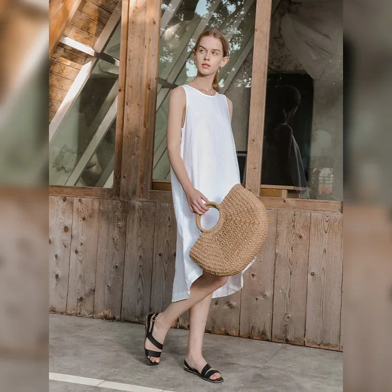 Women's Linen Sleeveless Loose A-Line Dress with Round Neck and Asymmetric Hem