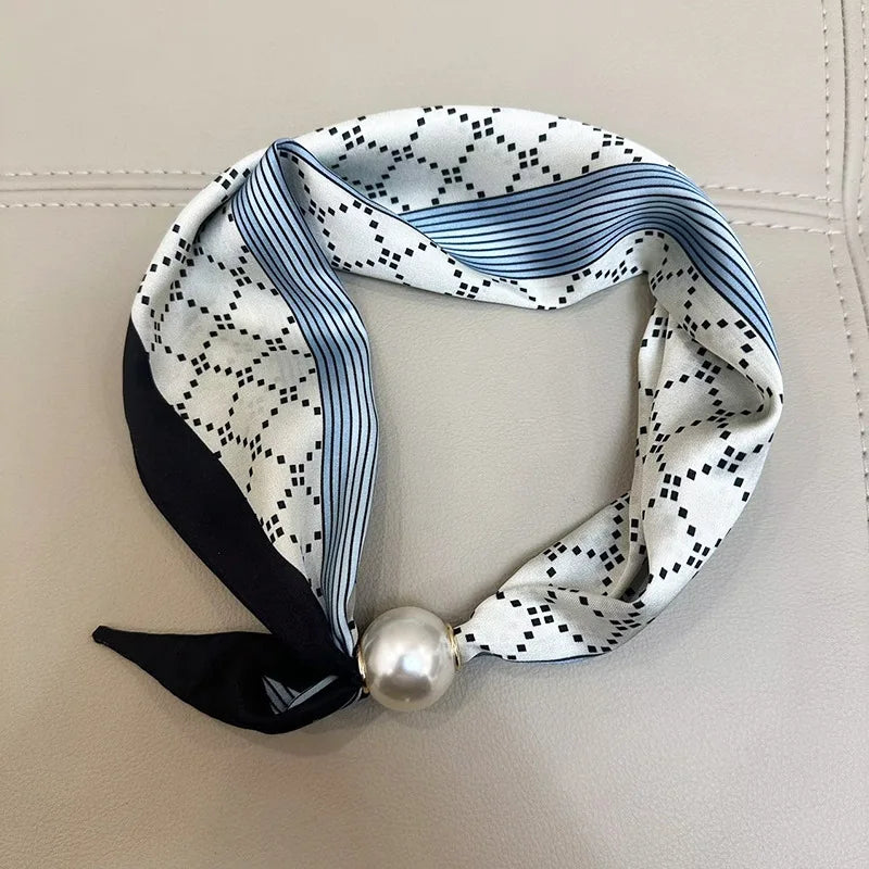 Printed Neck Scarf with Decorative Pearl Style Clasp Options