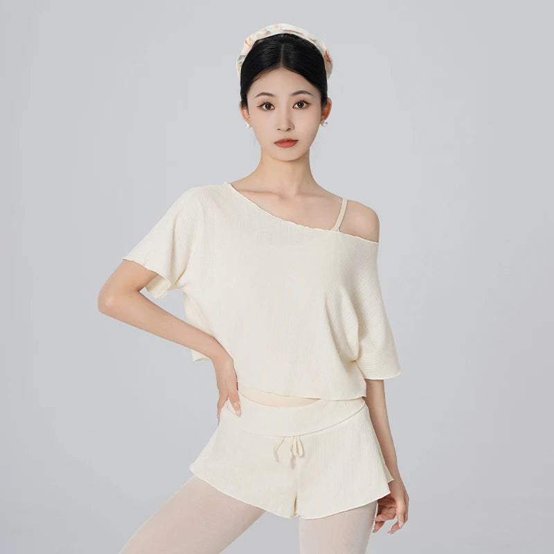 Women's Off Shoulder Cropped Ballet T-Shirt with Short Sleeve Design