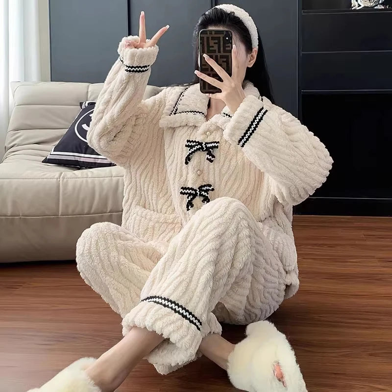 Women's Bow Fastened Long Sleeve Pajama Set with Top and Pants