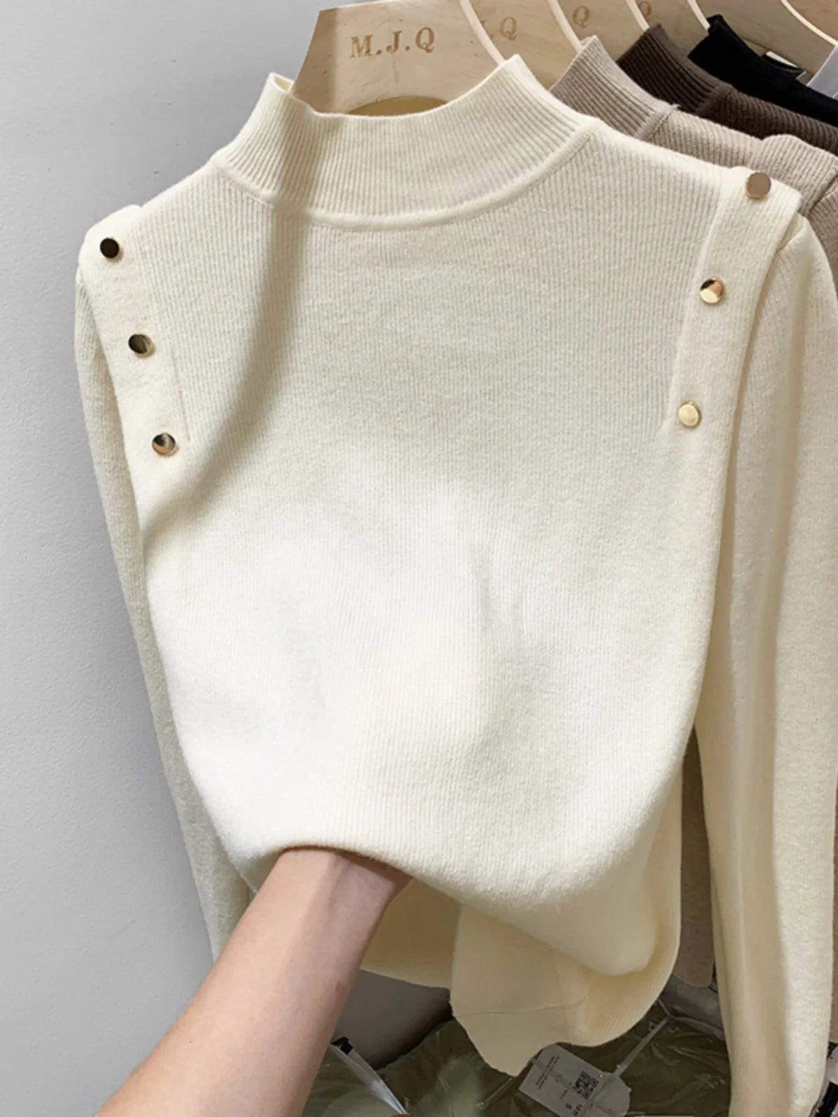 Women's Turtleneck Shoulder Button Sweater Casual Knit Layer