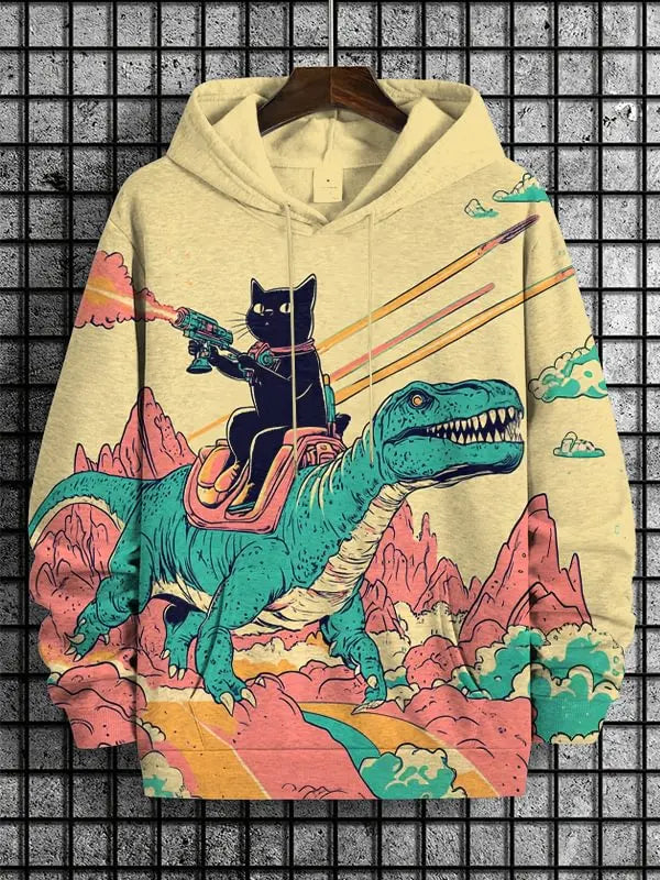 Cat Dinosaur and UFO Graphic Long-Sleeve Pullover Hoodie