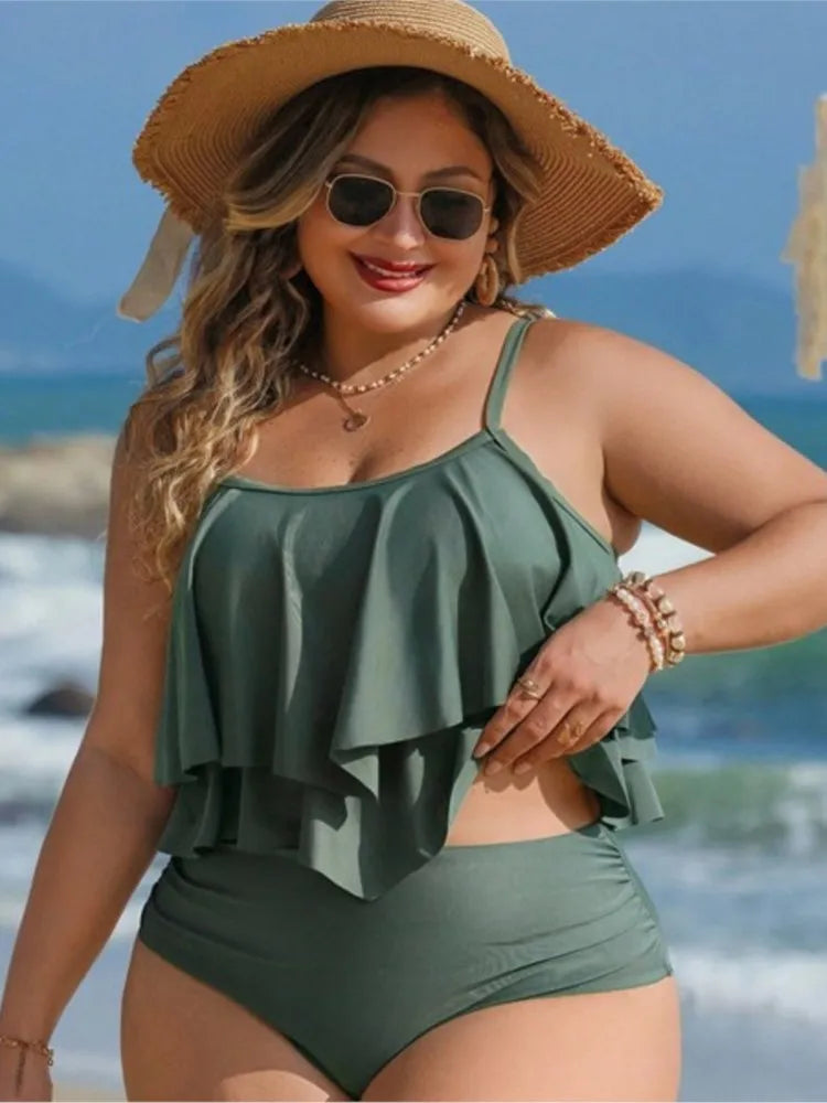 Women's Ruffle Overlay Strappy Swimwear with Side Cutout Detail