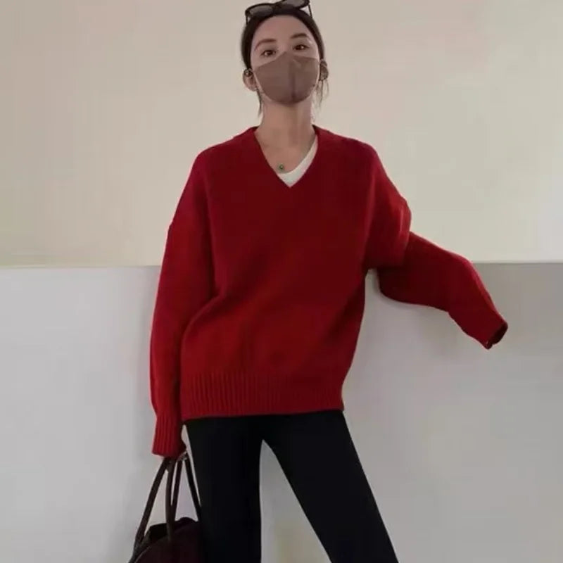 V-neck 100 pure wool sweater for women in autumn and winter, loose and thick sweater, long-sleeved knitted top