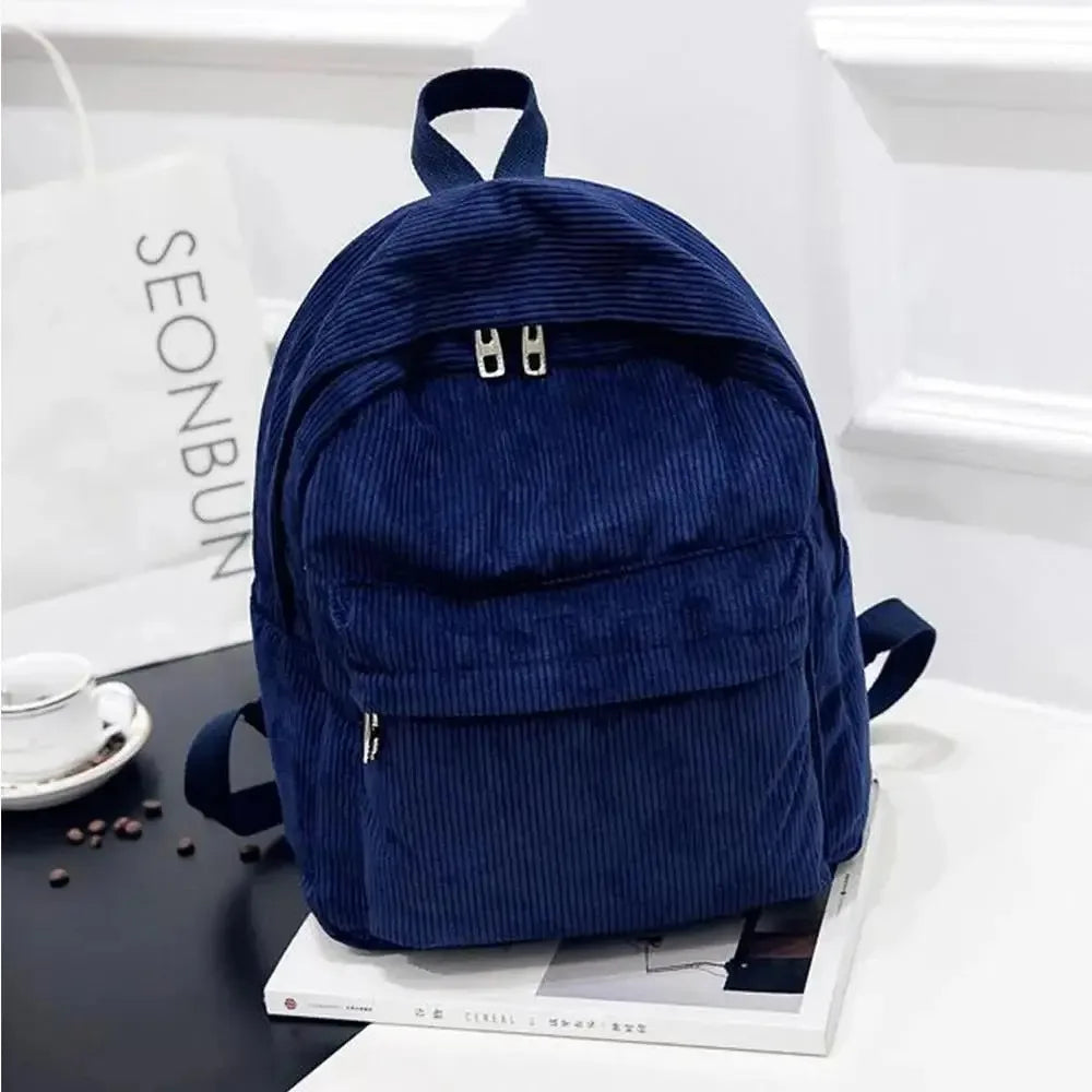 Casual Corduroy Backpack with Front Pocket and Twin Shoulder Carry Straps