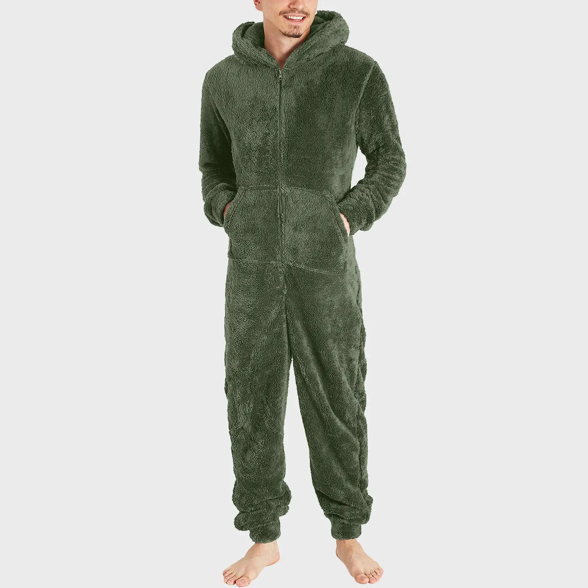 Men's Hooded Zip Front Long Sleeve Plush Pajama Jumpsuit