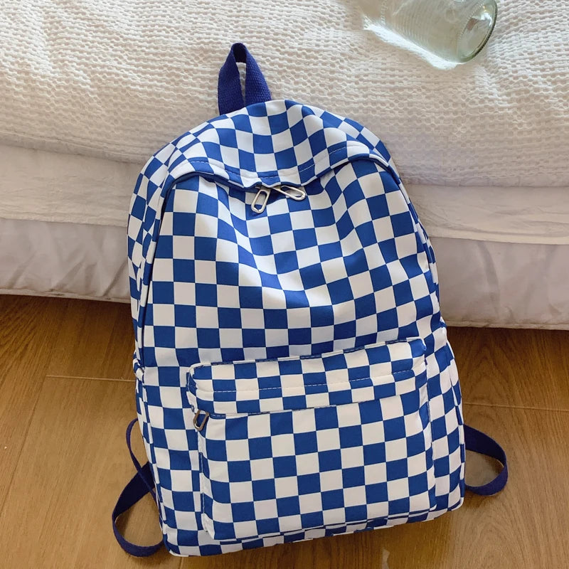 Women's Checkerboard Print Backpack with Front Pocket and Adjustable Shoulder Straps