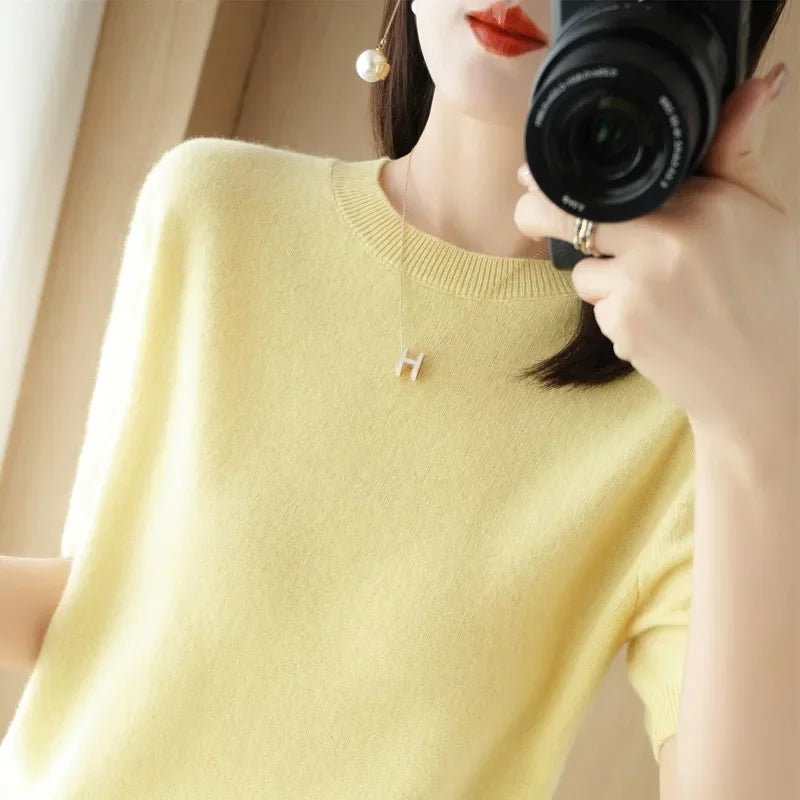 Women's Crew Neck Short Sleeve Sweater Casual Knit Layer