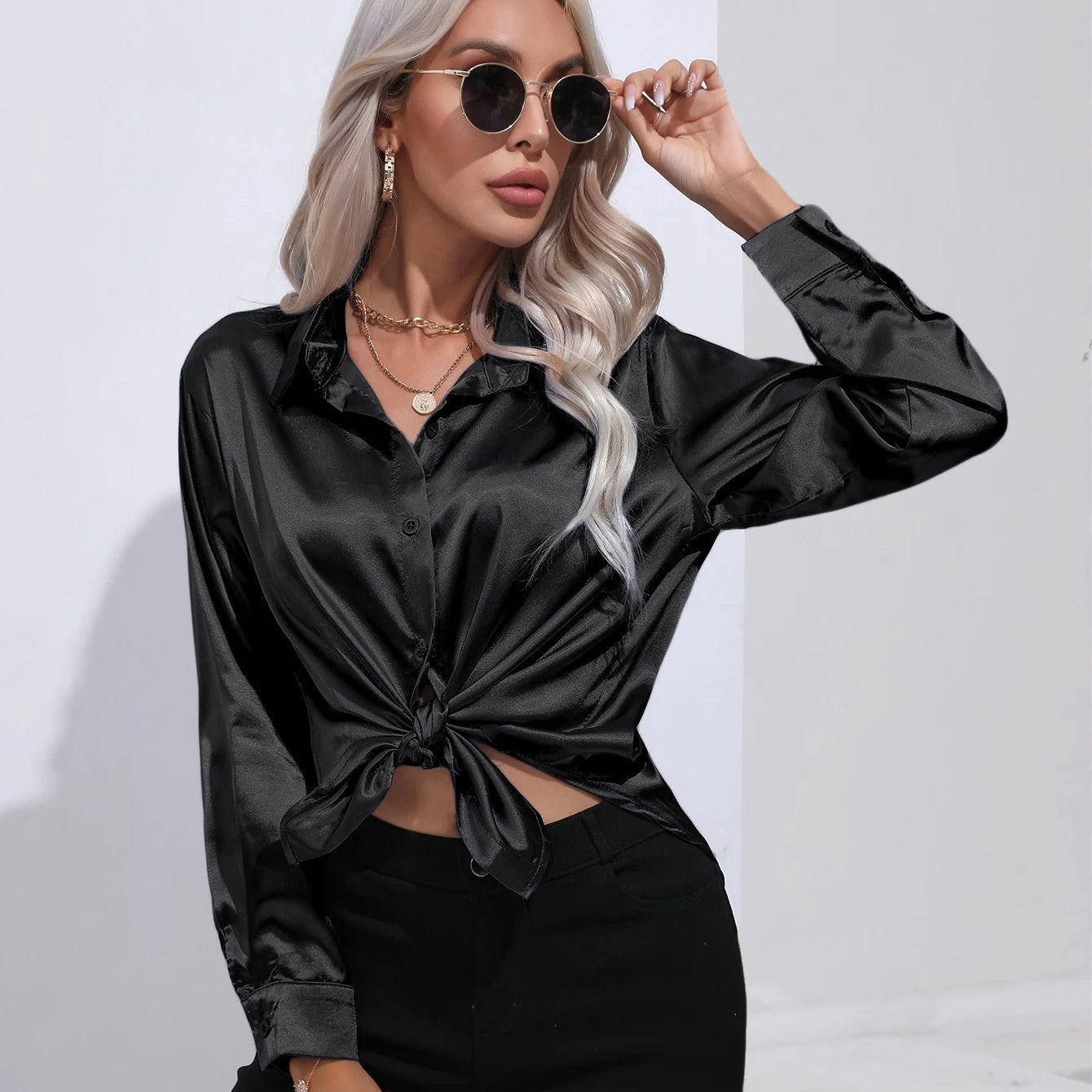 Women's Button Front Satin Look Shirt