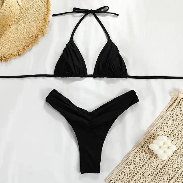 Strappy Solid Color Bikini