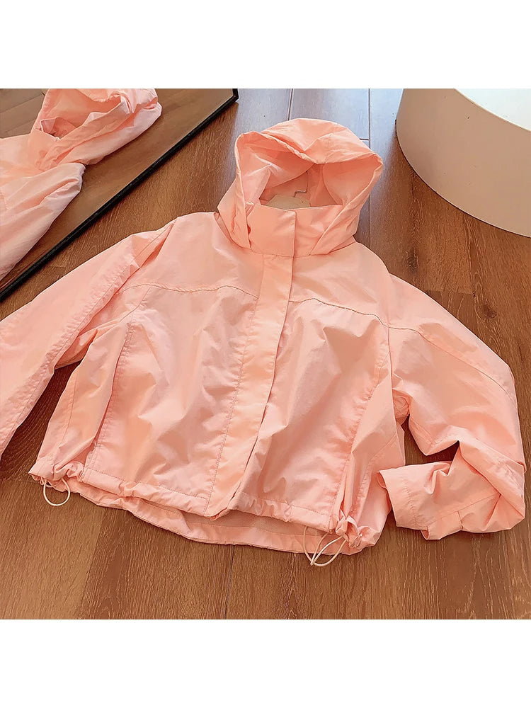 Women's Hooded Zip Front Drawstring Hem Jacket for Layered Outfits