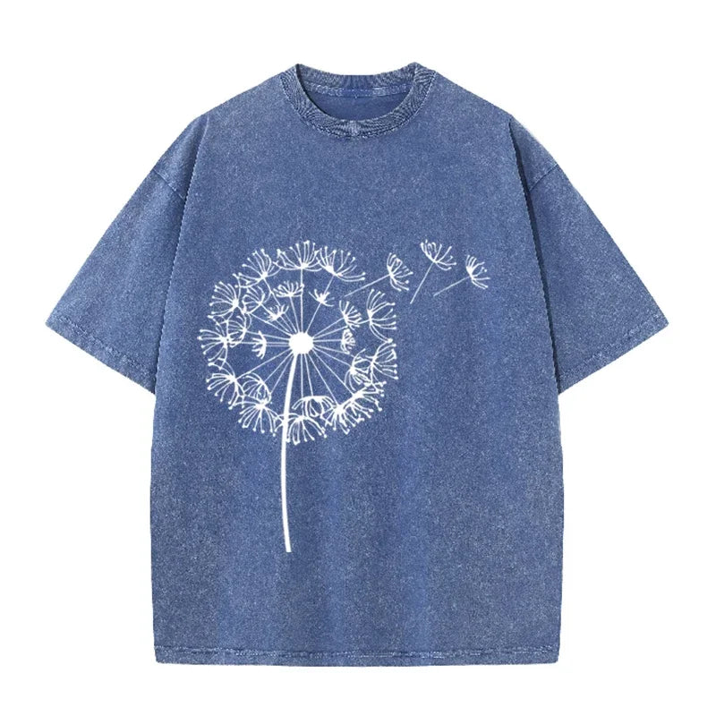 Dandelion Print Vintage Washed Brown T Shirt Casual Minimalist Streetwear Tee