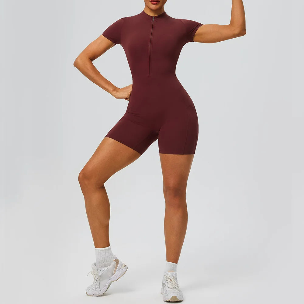 Women's Short Sleeve Zip Front Workout Romper with Open Back