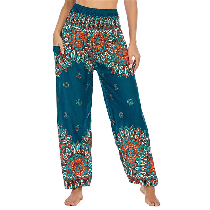 Women's Printed Rayon Harem Pants with High Waist and Gathered Ankles