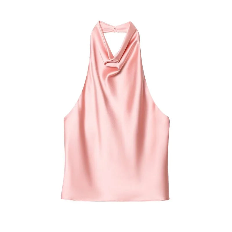 Women's Satin Polyester Halter Camisole with an Open Back and Draped Front