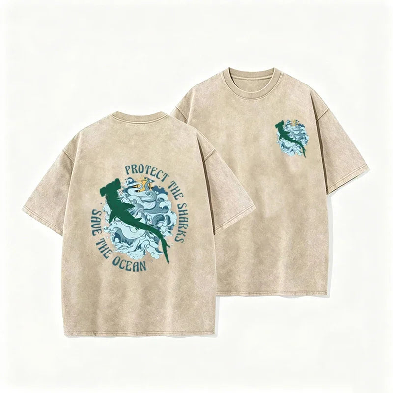 Distressed Vintage Washed Tee Double Print Shark Wave Protect Ocean Letter Loose Fit Short Sleeve T Shirts