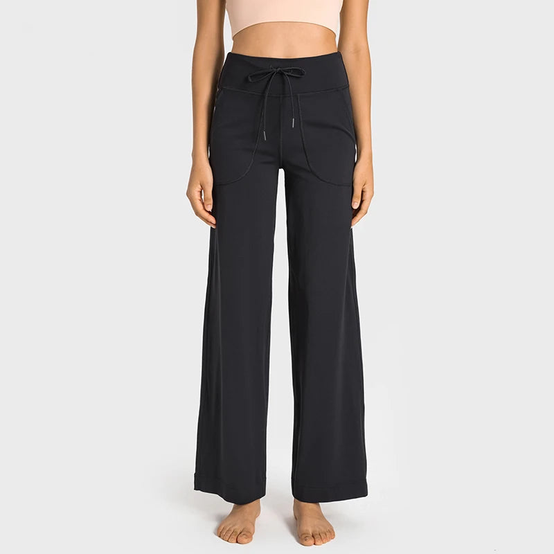 Women's Drawstring Waist Nylon Blend Wide Leg Pants with Length Options