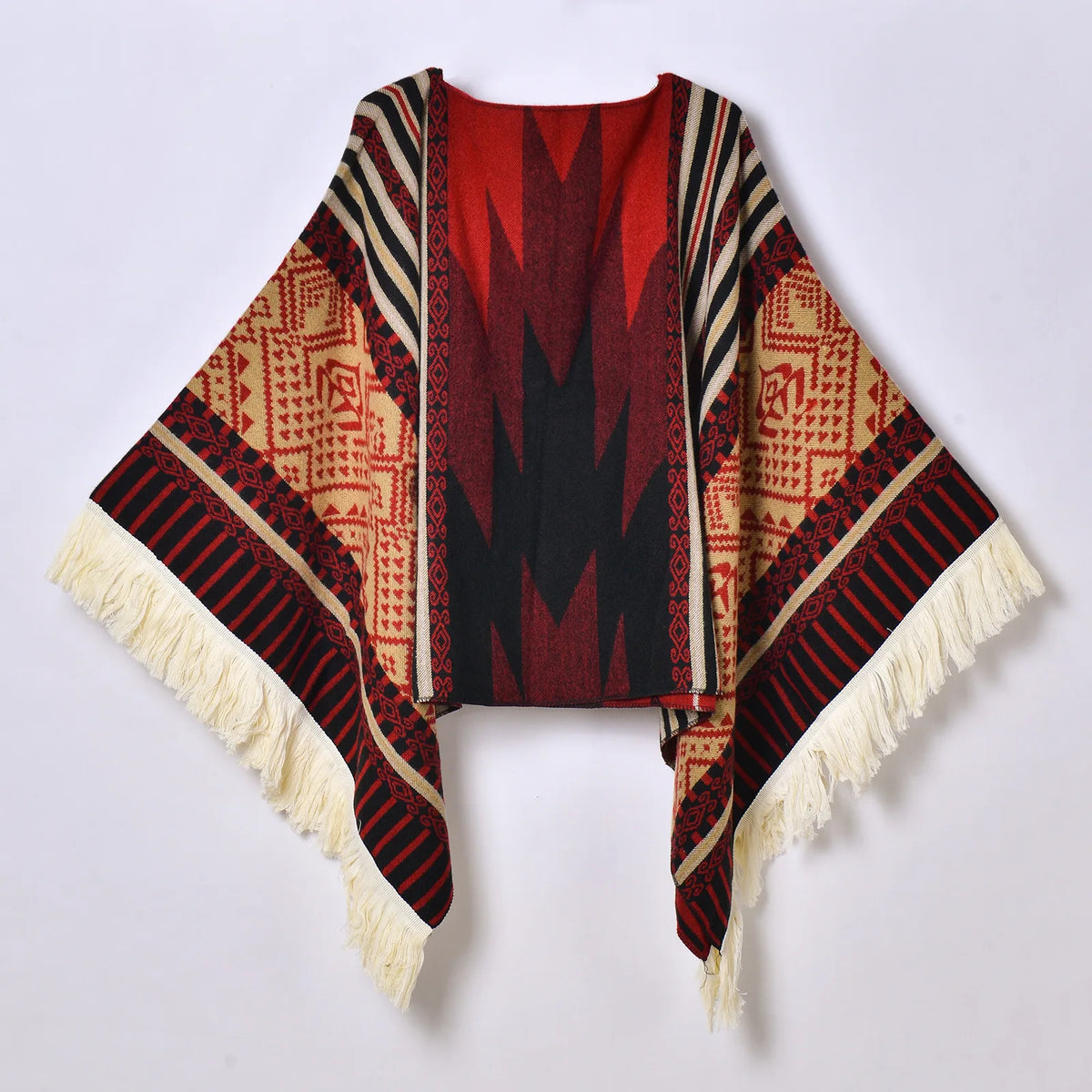 Geometric Pattern Fringe Poncho for Layering over Outfits