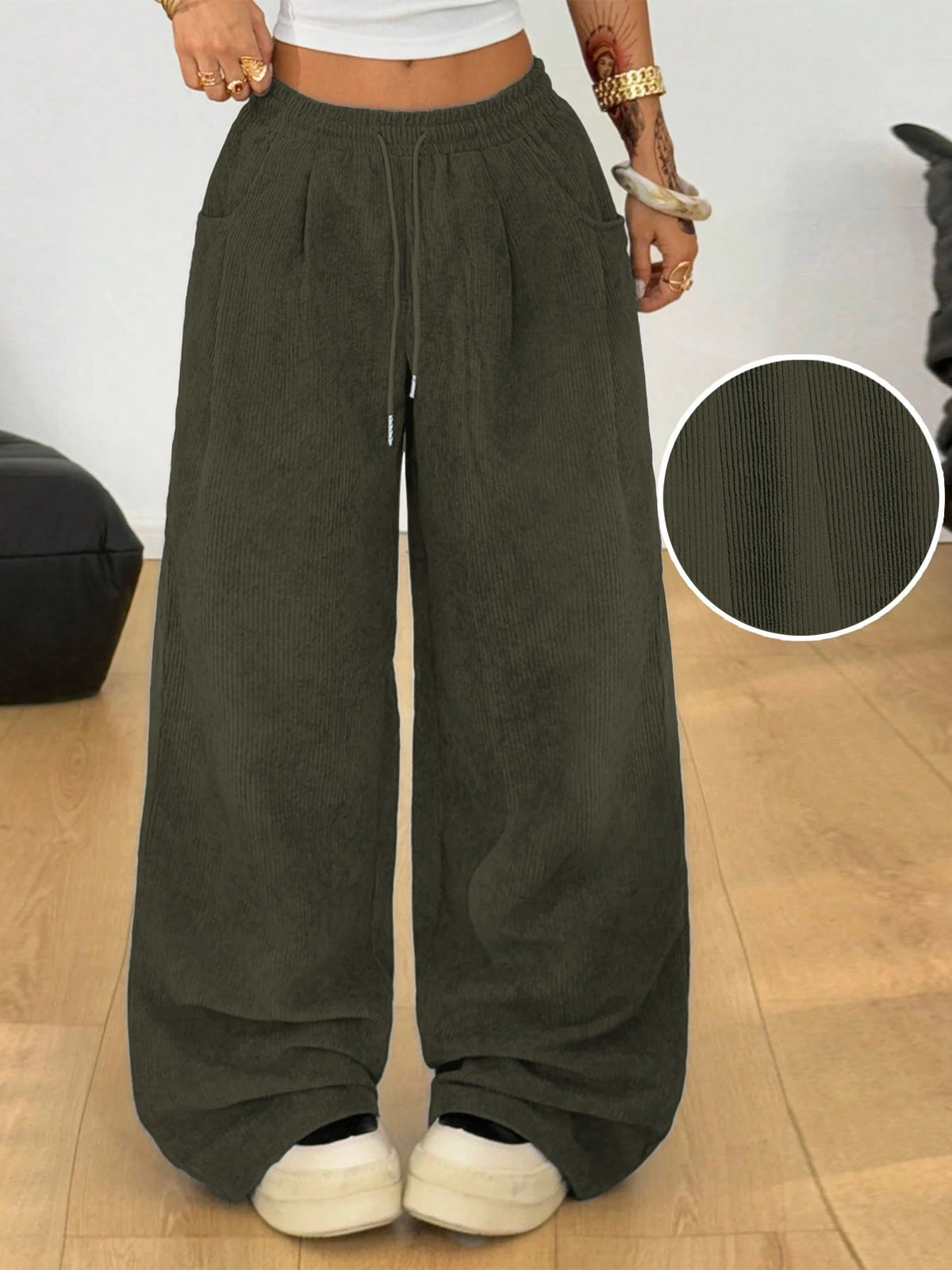 Women's Corduroy Style Drawstring Pants with Wide Legs and Pockets