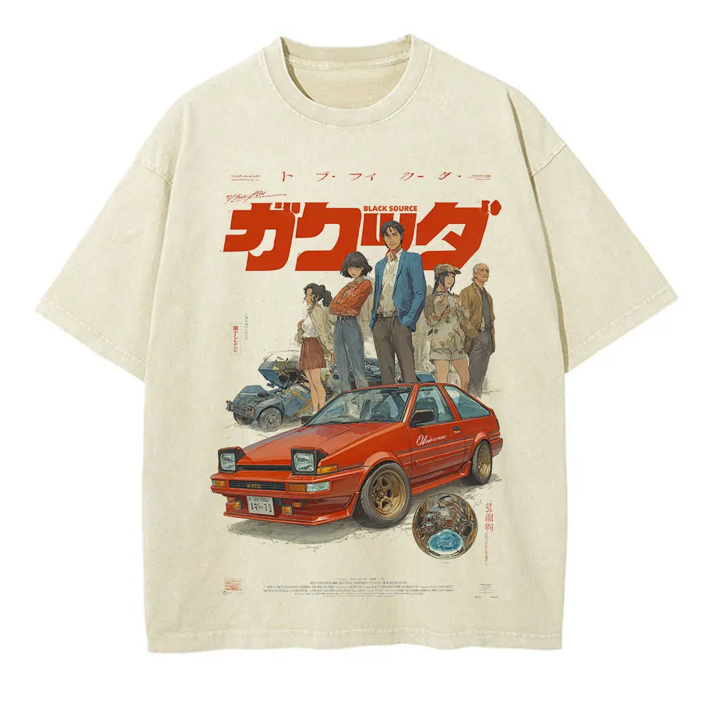 Japanese Cat Cartoon Graphic Baggy T-Shirt Men Streetwear