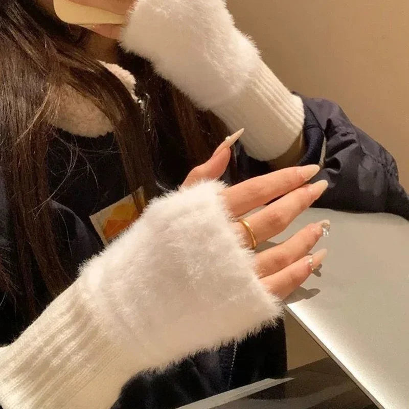 Plush Fingerless Gloves with Ribbed Knit Wrist Cuffs