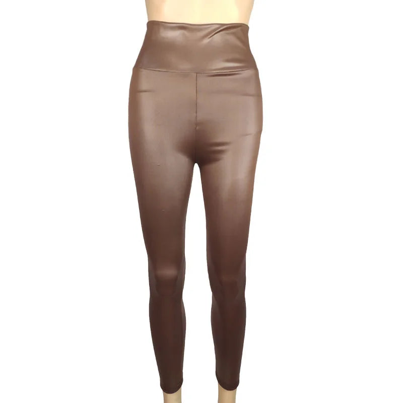 Women's Faux Leather Look Full Length Leggings For Workout Outfits