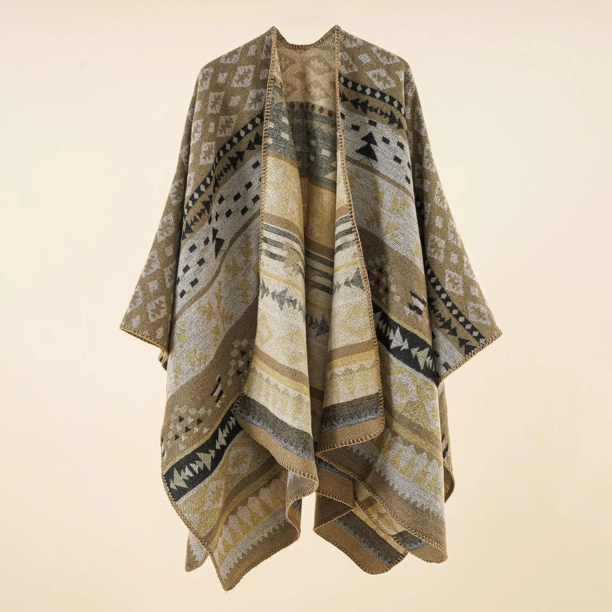 Geometric Pattern Open Front Poncho for Layering over Outfits