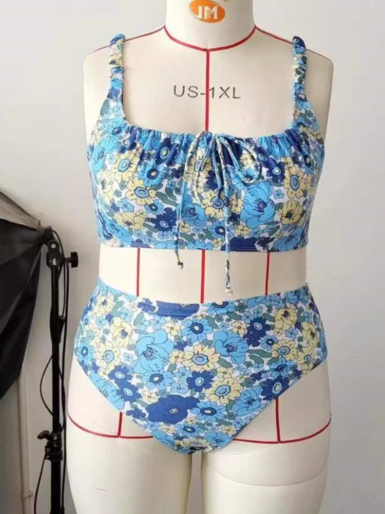 Women's Floral Print Ruched Top and High Waist Bikini Set