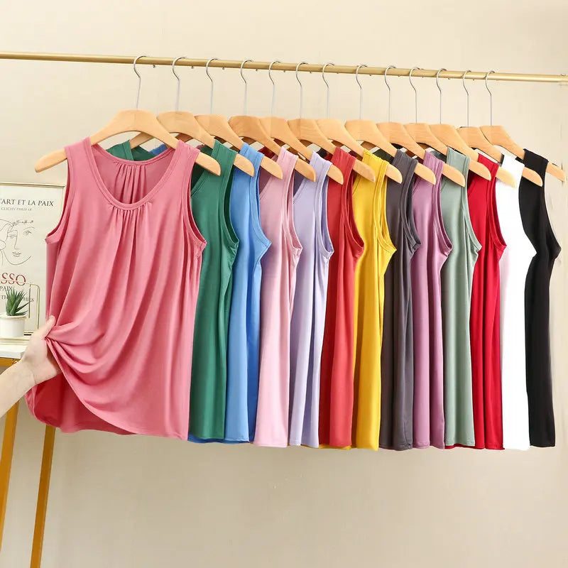 Women's Gathered Neck Polyester Modal Tank Top with Loose Sleeveless Fit