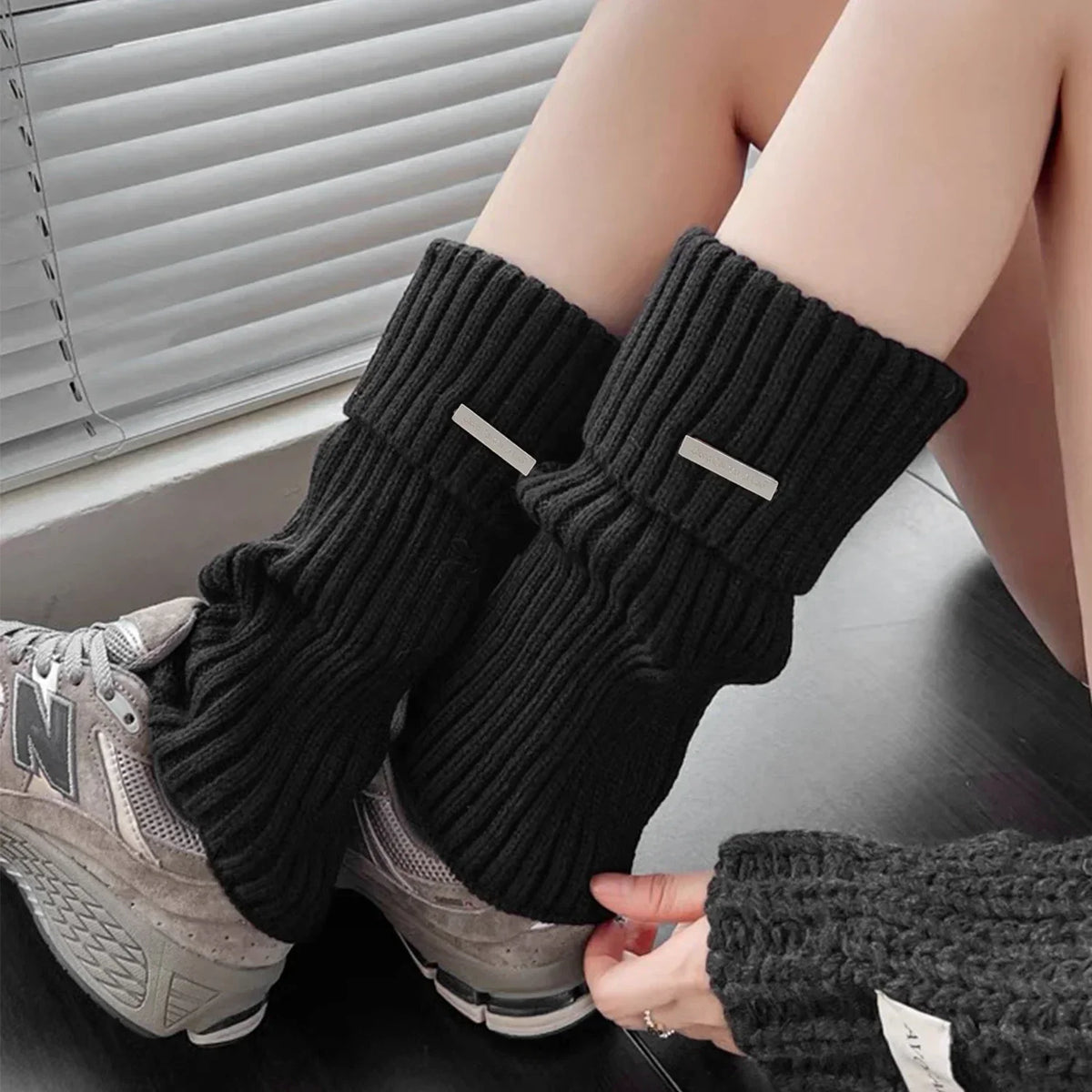 Solid Ribbed Leg Warmers with Small Metal Label Details