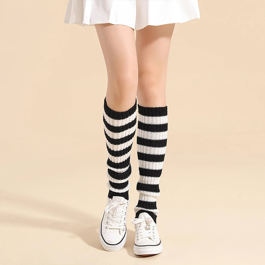 Striped Ribbed Knit Leg Warmers with Slouchy Calf Shape