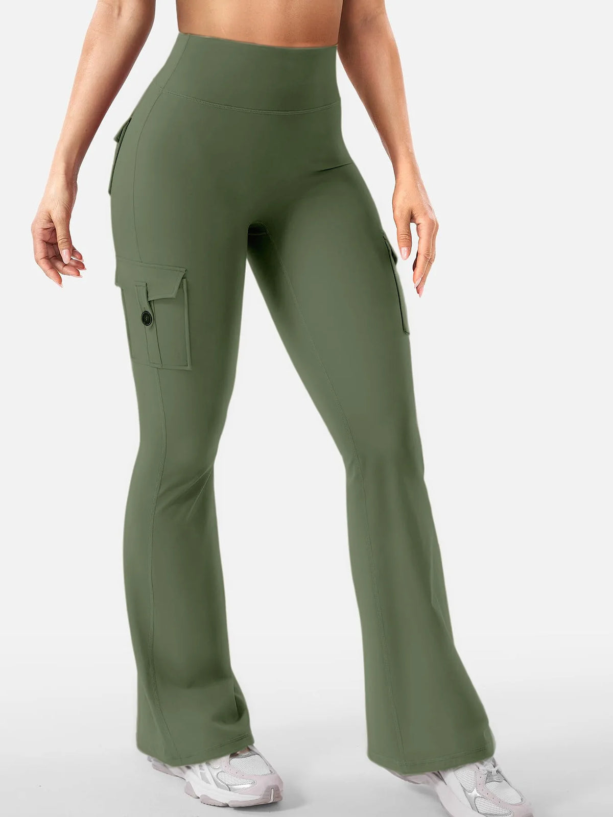 Women's High Waist Polyester Flared Pants with Cargo Style Thigh Pockets
