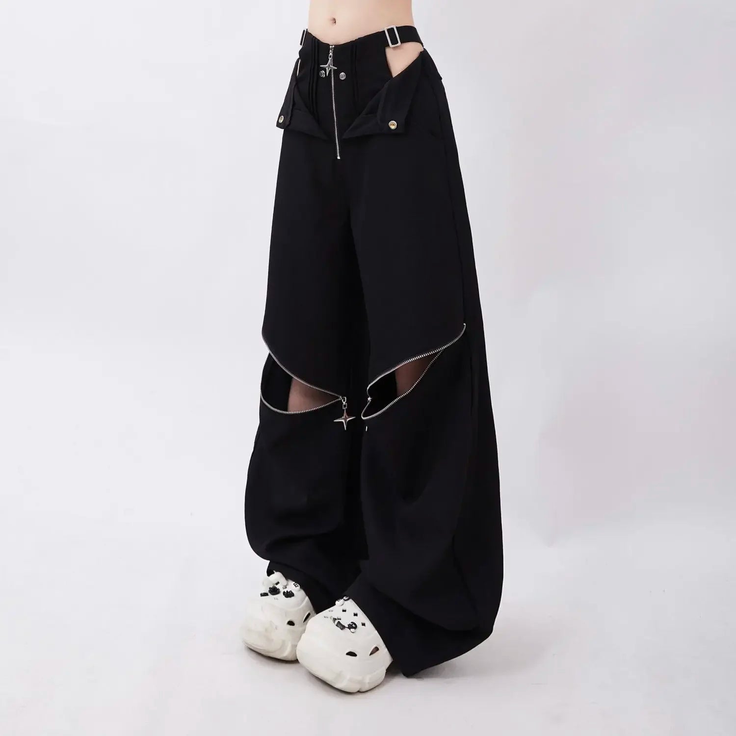Women's Black Wide Leg Pants with Cutout Knees and Zip Details