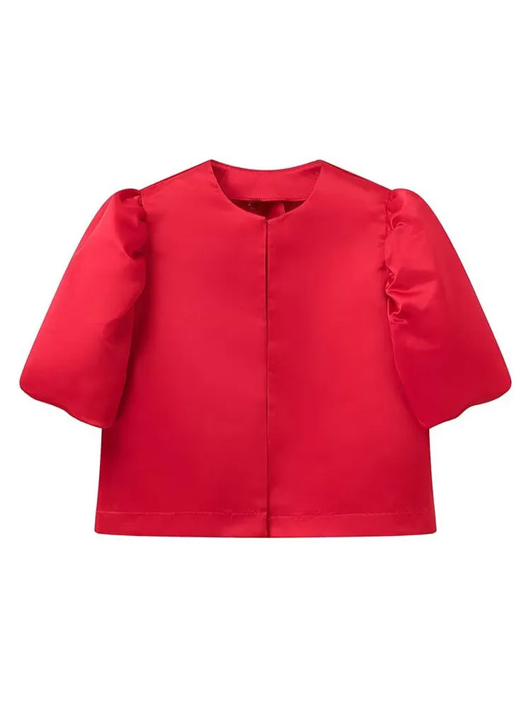 Women's Round Neck Puff Sleeve Cropped Blouse