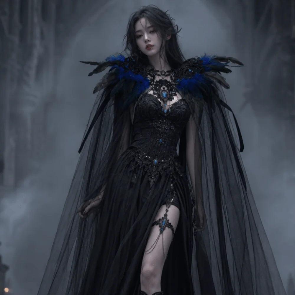 Feather Collar Sheer Long Cape for Layering over Outfits
