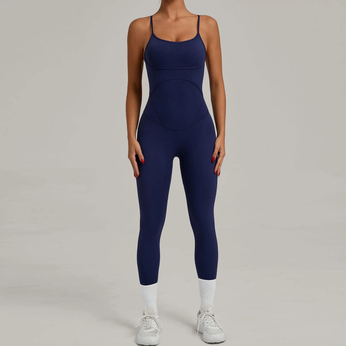 Women's Cross Back Workout Jumpsuit with Thin Straps and Fitted Long Legs