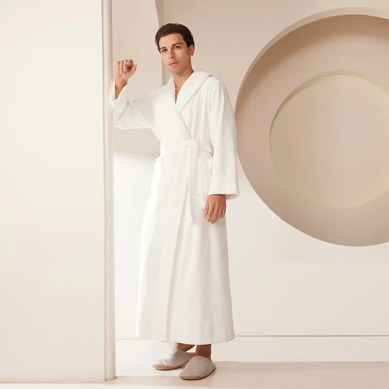 Long Flannel Fleece Tie Waist Bathrobe with Pockets