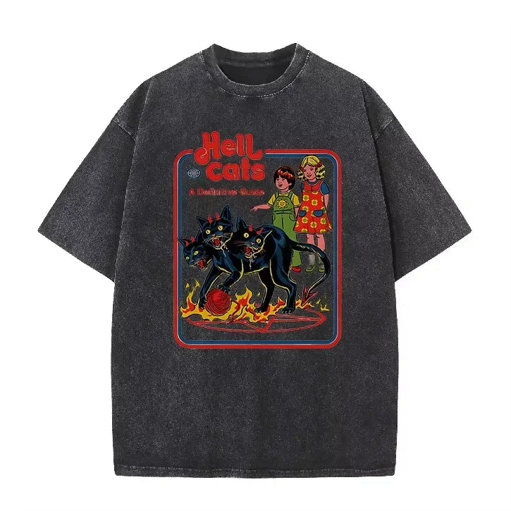 Purple Acid Wash Hell Cats Graphic Casual Retro Streetwear Tee