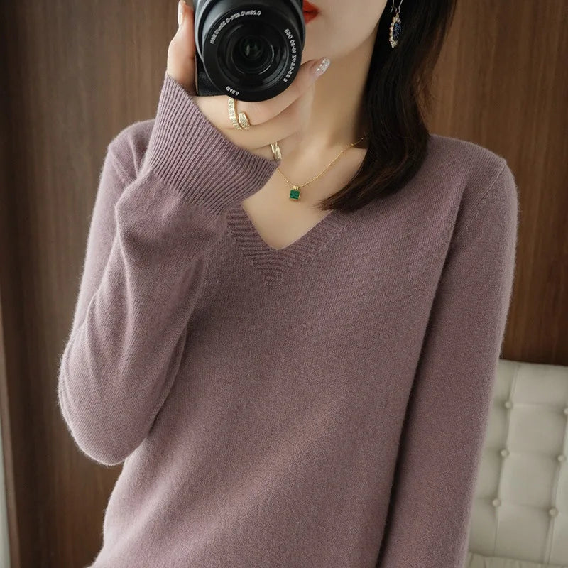 Women's V Neck Long Sleeve Sweater Casual Knit Layer