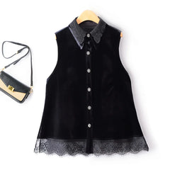 Women Turn Down Collar Crocheted Lace Single Breasted Cardigan Mid Length A Line Velvet Ruffled Sleeveless Jackets