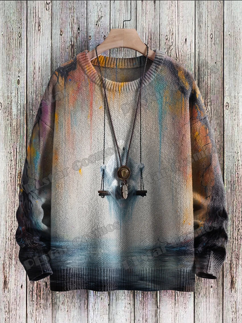 Men's Cat Print Crew Neck Long Sleeve Sweater