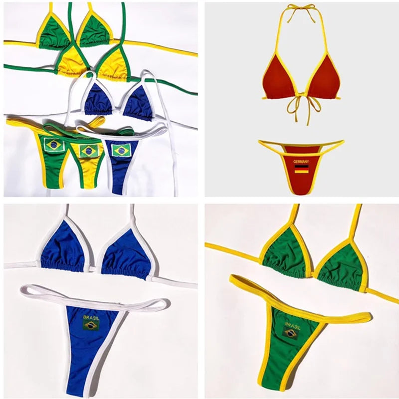 Women's Flag Print Triangle Bikini Top and Tie Side Thong Set