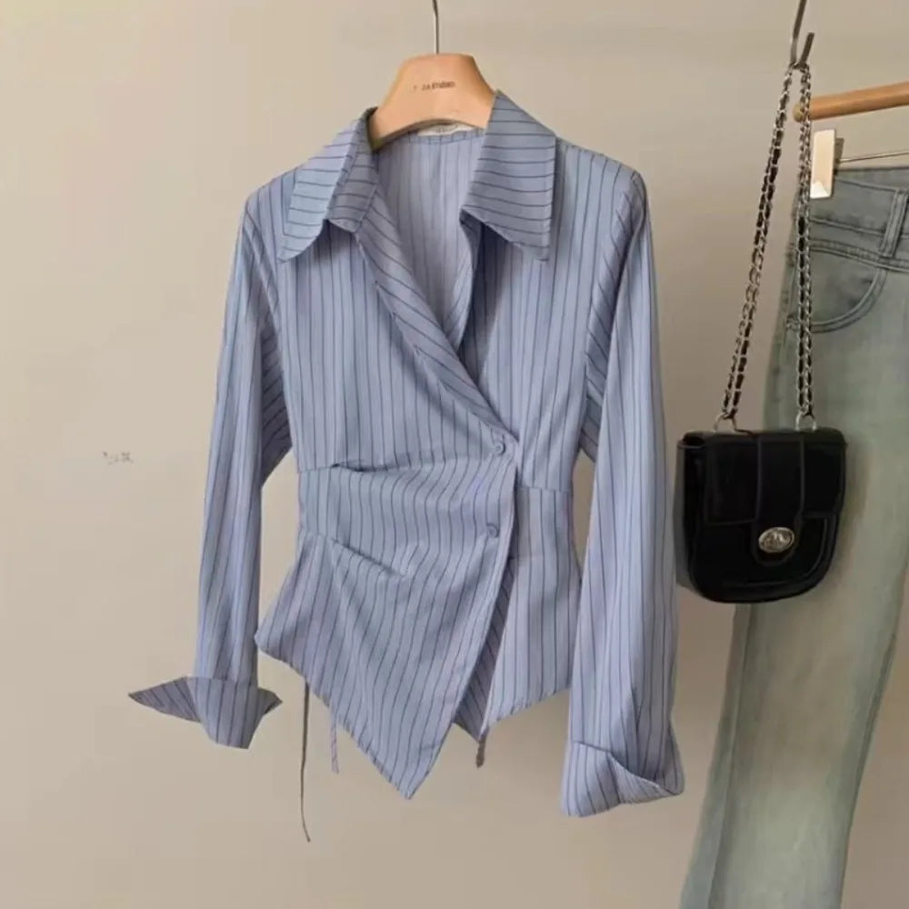 Women's Striped Collared Long Sleeve Shirt