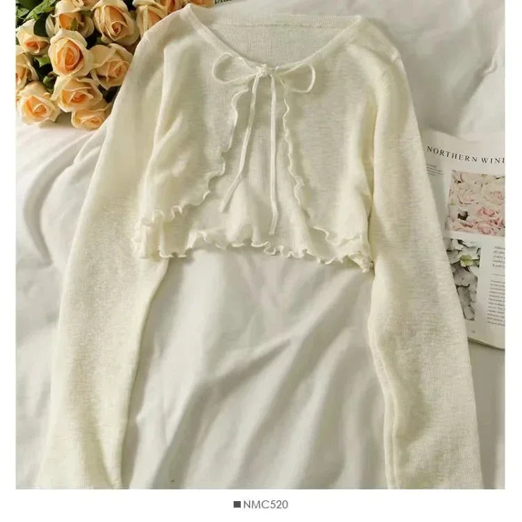 Women's Tie Front Cropped Long Sleeve Cardigan Casual Knit Layer