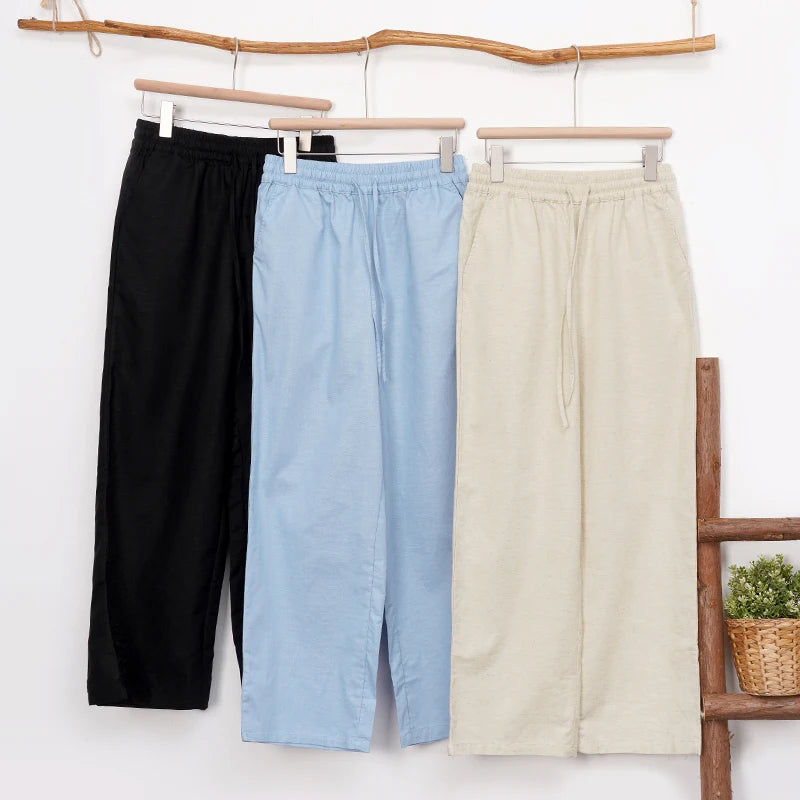 Women's Cotton-Linen Loose Straight-Leg Full-Length Pants with Drawstring Waist and Side Pockets